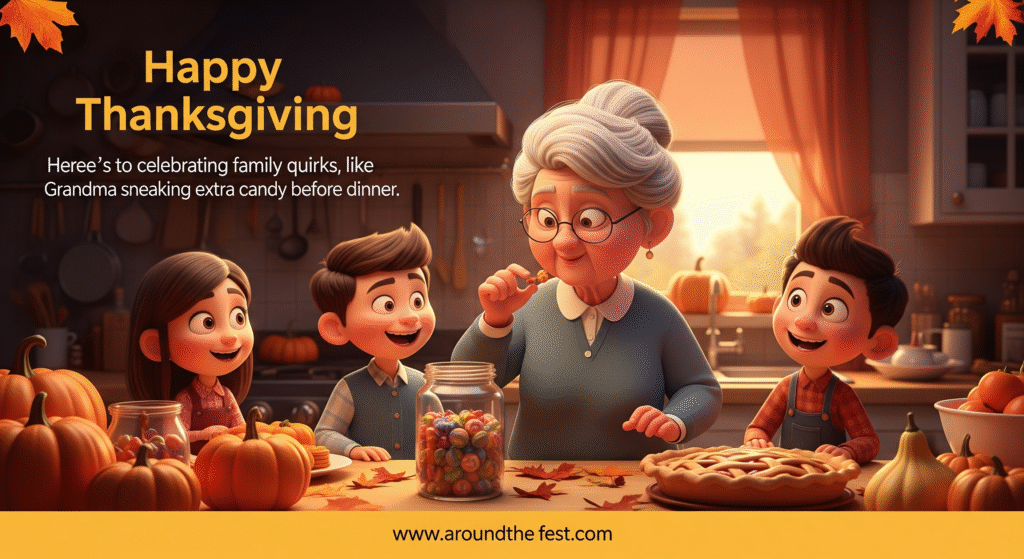 "Grandma sneaking candy in a cozy Thanksgiving kitchen with grandchildren giggling, warm autumn decor, overlay text celebrating funny and heartwarming family quirks."