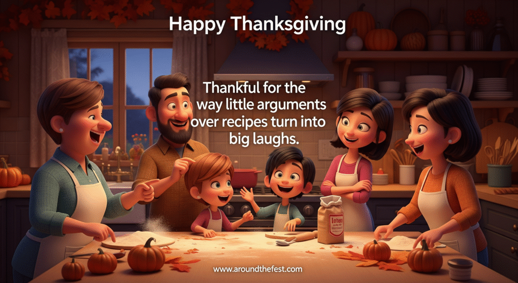 Happy Thanksgiving Wishes and Images "Family playfully arguing over recipes in a cozy Thanksgiving kitchen, spilled flour and warm autumn decor, overlay text celebrating how small arguments turn into big laughs."