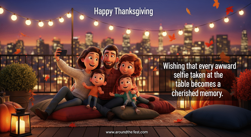 Happy Thanksgiving Wishes and Images "Family taking a playful selfie on a Thanksgiving rooftop terrace at dusk with string lights and autumn leaves, overlay text highlighting awkward selfies becoming cherished memories."