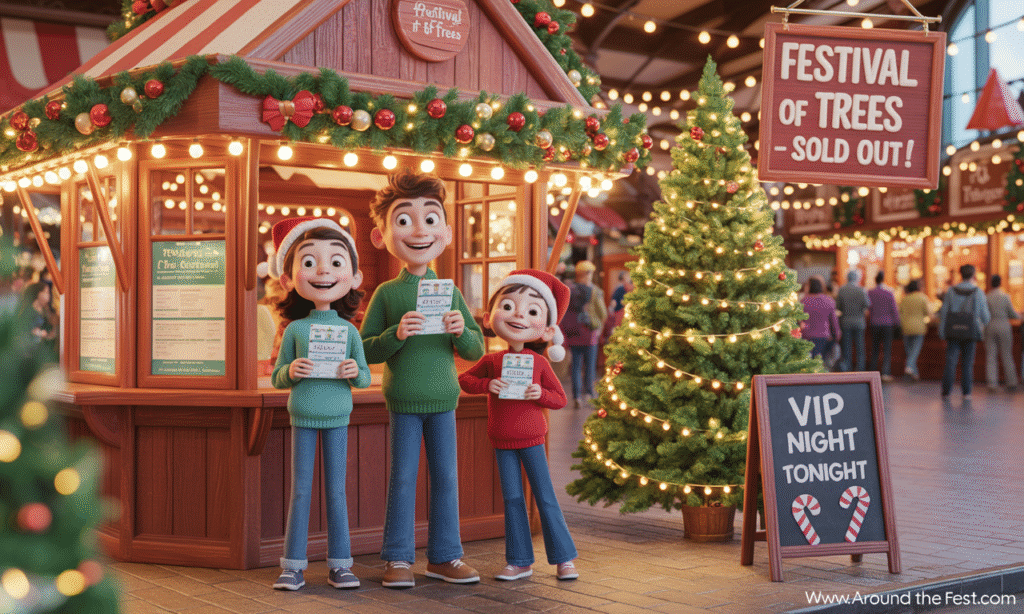 Visitors line up at a Christmas-themed ticket booth for a Festival of Trees event, surrounded by holiday decorations and twinkling lights, while a sold-out sign and VIP night notice create a sense of urgency.