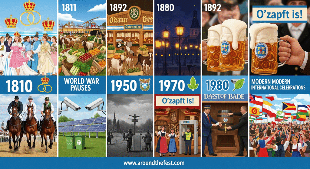 "Visual timeline of major Oktoberfest milestones from 1810 royal wedding to modern global festival."