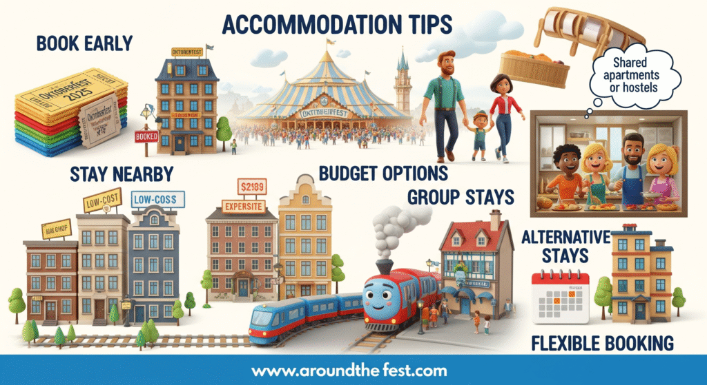 “Oktoberfest 2025 infographic showing Munich neighborhoods, nearby towns, walking and train routes to Theresienwiese, icons for hotels, shared apartments, family-friendly stays, flexible booking, and a calendar highlighting weekdays, weekends, and special event dates, clean and informative layout.”
