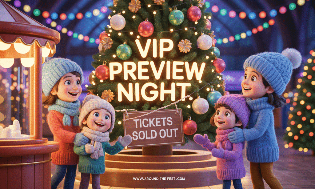 Families entering a Festival of Trees event with signage for VIP Night, sensory-friendly hours, and ticket availability. Guests dressed in festive holiday outfits enjoy cocoa and decorated Christmas trees.