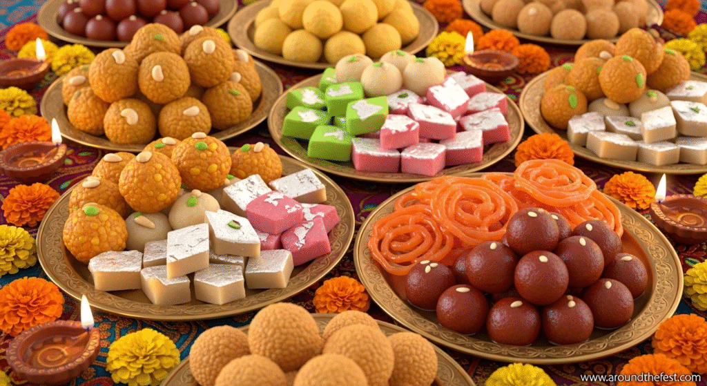 raditional Indian sweets like ladoos, barfis, jalebis, and gulab jamuns on decorative brass plates with marigold flowers and diyas, symbolizing good fortune, heritage, and the joy of Indian festivals."