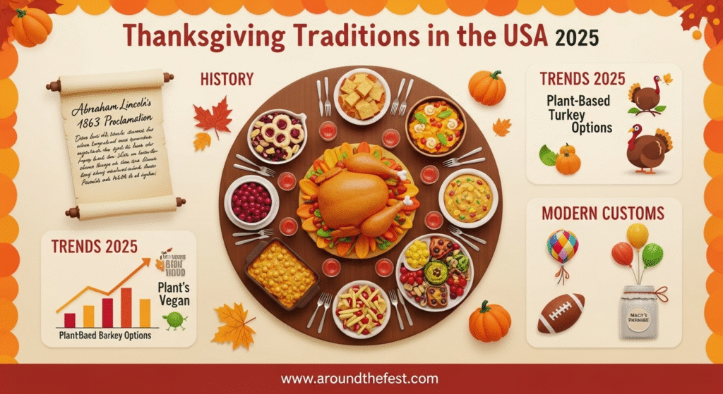 “Infographic of U.S. Thanksgiving 2025 traditions: feast with regional dishes, history by Lincoln, plant-based turkey trend, and customs like football and parades.”