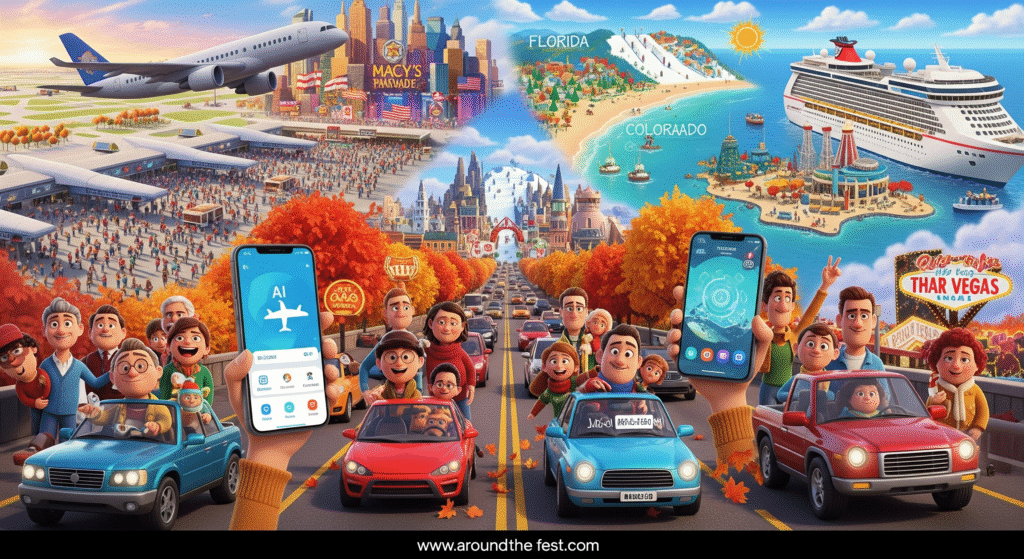 “Illustration of Thanksgiving travel in 2025 USA, showing families flying, driving, and cruising to destinations like New York City, Florida, Colorado, Orlando, and Las Vegas, with AI flight apps, traffic updates, and holiday adventure, conveying joy and togetherness.”