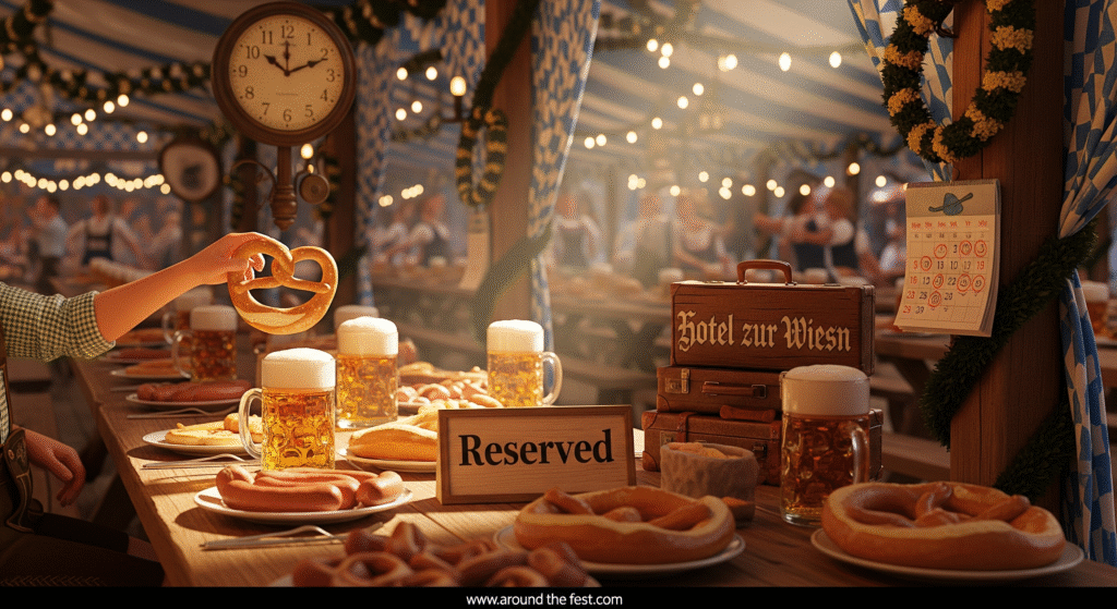 “Intimate Oktoberfest 2025 tent scene with wooden table, steins, Bavarian food, ‘Reserved’ sign, subtle wall clock, mini suitcase near hotel sign, and festive golden lighting.”