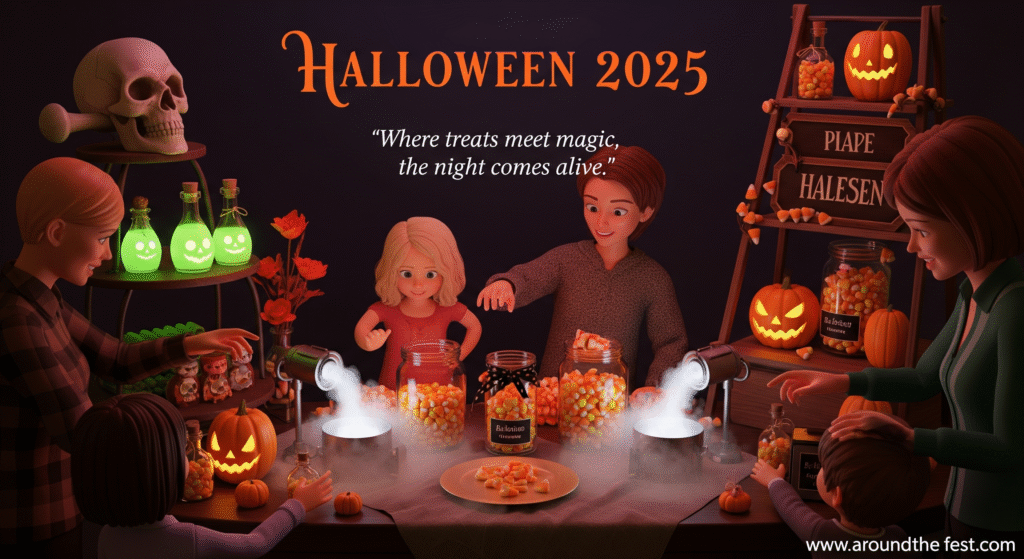 “Halloween 2025 interactive snack and potion station with glowing potions, candy jars, fog effects, skull goblets, pumpkins, and whimsical décor. Quote: ‘Where treats meet magic, the night comes alive.’”