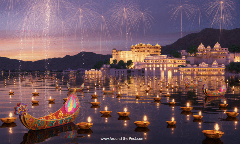 “Udaipur Diwali 2025 celebrations with illuminated palaces, floating diyas on Lake Pichola, fireworks over Aravalli hills, and colorful folk performances.”