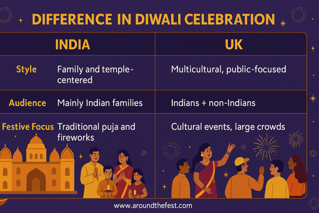 Diwali infographic comparing India and UK celebrations—style, audience, and festive focus—with illustrations of families, temples, and fireworks.