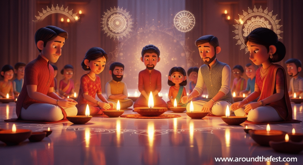 People from diverse backgrounds lighting diyas together during Diwali, symbolizing peace, unity, spiritual awakening, and the calming, healing power of light.”