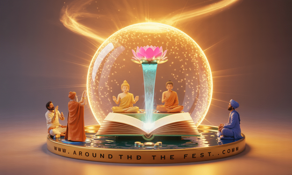 Infographic showing the universal symbolism of light in Diwali, highlighting purity, wisdom, renewal, and spiritual meanings in Hinduism, Buddhism, Jainism, and Sikhism.”