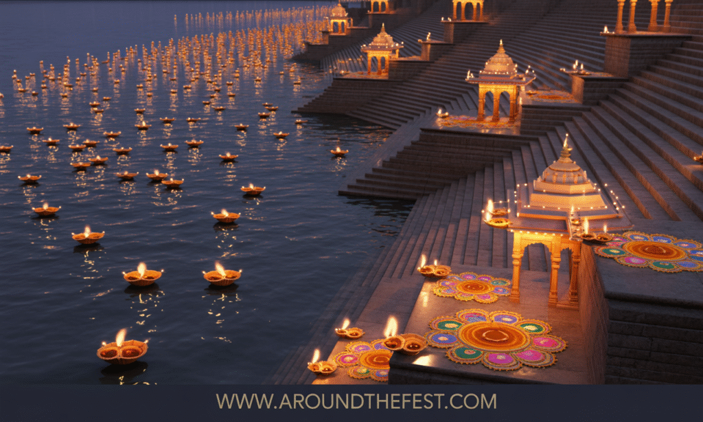 Dev Deepawali with Ganges ghats lit by floating diyas, illuminated temples, rangoli, subtle fireworks, serene and spiritual atmosphere, no humans present."