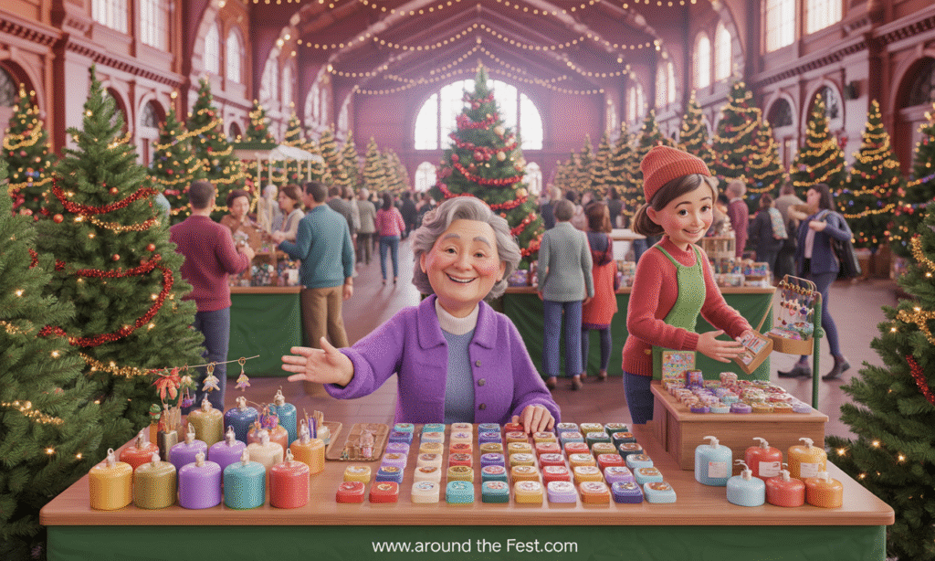 A bustling indoor holiday market where families and friends browse artisan stalls filled with handcrafted ornaments, candles, soaps, and jewelry. Seniors and scout groups proudly display fundraiser crafts, while shoppers sample fresh-baked cookies and sip hot cocoa. The venue glows with decorated Christmas trees, cheerful vendors, and lively holiday spirit as guests select unique gifts and support local causes.
