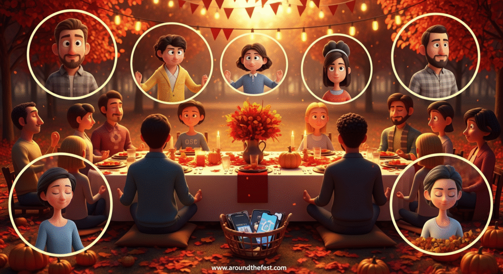 “Mindful gratitude circles, meditation, and wellness-focused family activities in a cozy autumn setting.”