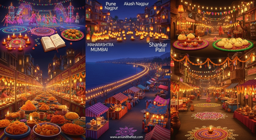 "Ultra-realistic 16:9 illustration capturing Diwali celebrations in West India. Show a panoramic scene with three distinct areas: Gujarat: Manek Chowk market at midnight in Ahmedabad, brightly lit with diyas and lanterns. Stalls display faafda-jalebi, khandvi, and steaming cups of masala chai. Background hints at garba and dandiya performances with rhythmic lights and movement represented symbolically. Business owners’ account books and Chonda Pujan setups add cultural authenticity. Maharashtra: Mumbai’s Marine Drive illuminated with rows of diyas along the promenade. Local Diwali melas with food stalls, festive games, and vibrant decorations. Akash Kandils (lanterns) hanging outside homes in Pune and Nagpur glowing against the night sky. Traditional festive foods like Puran poli and Shankar Pali shown on decorative platters. Western Rajasthan: Towns with camel fairs, handicraft stalls, and streets adorned with hanging lights, showcasing regional textiles and art under warm golden illumination. Include rangoli accents, marigold garlands, and sparkling ambient lighting. Emphasize festive energy, cultural richness, and community spirit