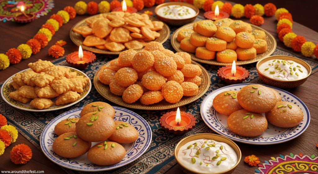 Ultra-realistic illustration of West Indian specialties including farsan, puran poli, and shrikhand, decorated with diyas, marigolds, and subtle rangoli patterns for a festive celebration."