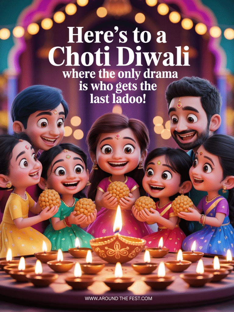 Family and friends playfully grabbing the last ladoo – “Here’s to a Choti Diwali where the only drama is who gets the last ladoo!”
