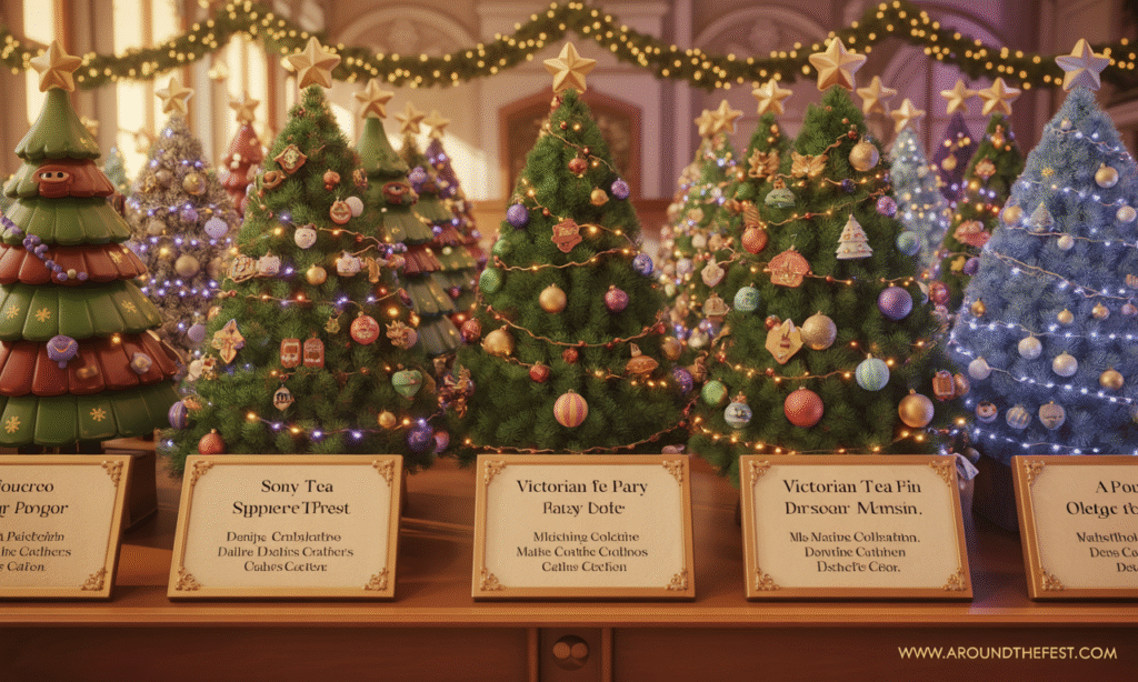 Magical indoor Festival of Trees 2025 display with uniquely decorated Christmas trees in themed designs like “Frozen Enchantment” and “Victorian Tea,” glowing with lights and handcrafted ornaments, set in a warmly lit community hall supporting holiday charity events.