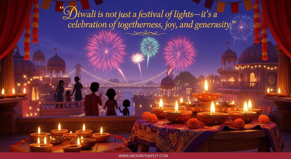 Celebrate Diwali with community gatherings and fairs! From street food and cultural performances to rangoli and glowing diyas, experience the festival’s true essence of togetherness and joy. Overlay quote: 'Diwali is not just a festival of lights—it’s a celebration of togetherness, joy, and generosity.'