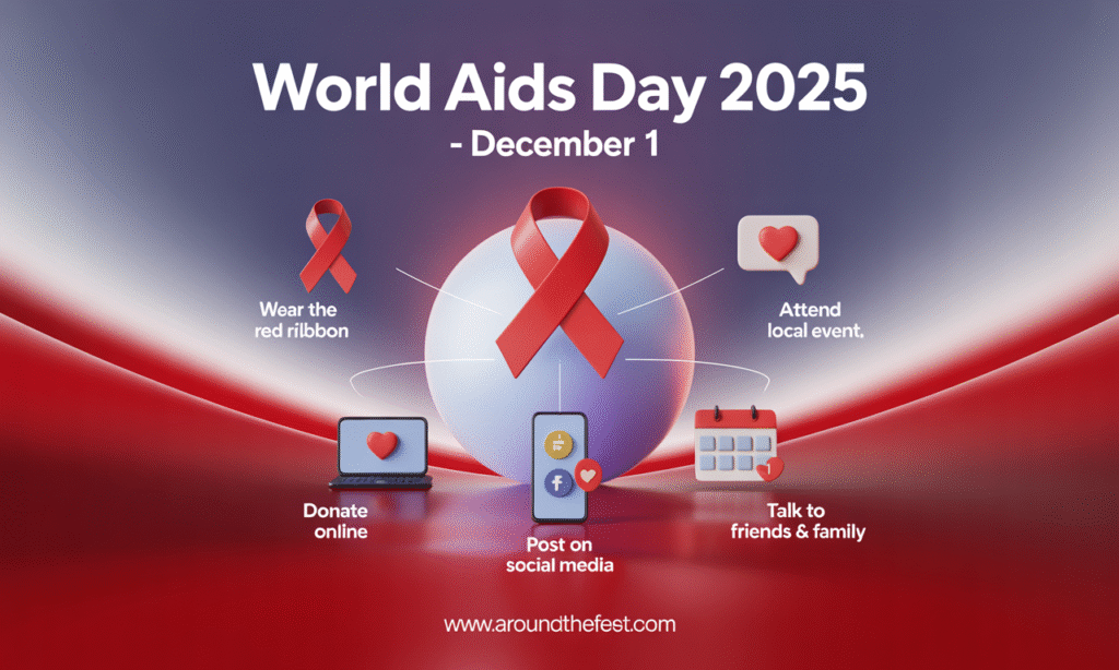 infographic showing five simple ways to participate: wear red ribbon, donate online, post on social media, attend events, and talk to family."