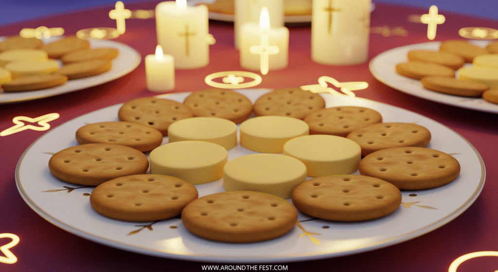 "Eucharist-inspired treats with crackers and cheese slices for children, symbolizing Communion bread in a simple, kid-friendly way."