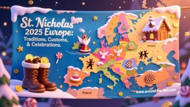 "Whimsical storybook map of Europe showing St. Nicholas 2025 traditions with boots, Sinterklaas boat, Krampus, angel/devil, and festive sweets."