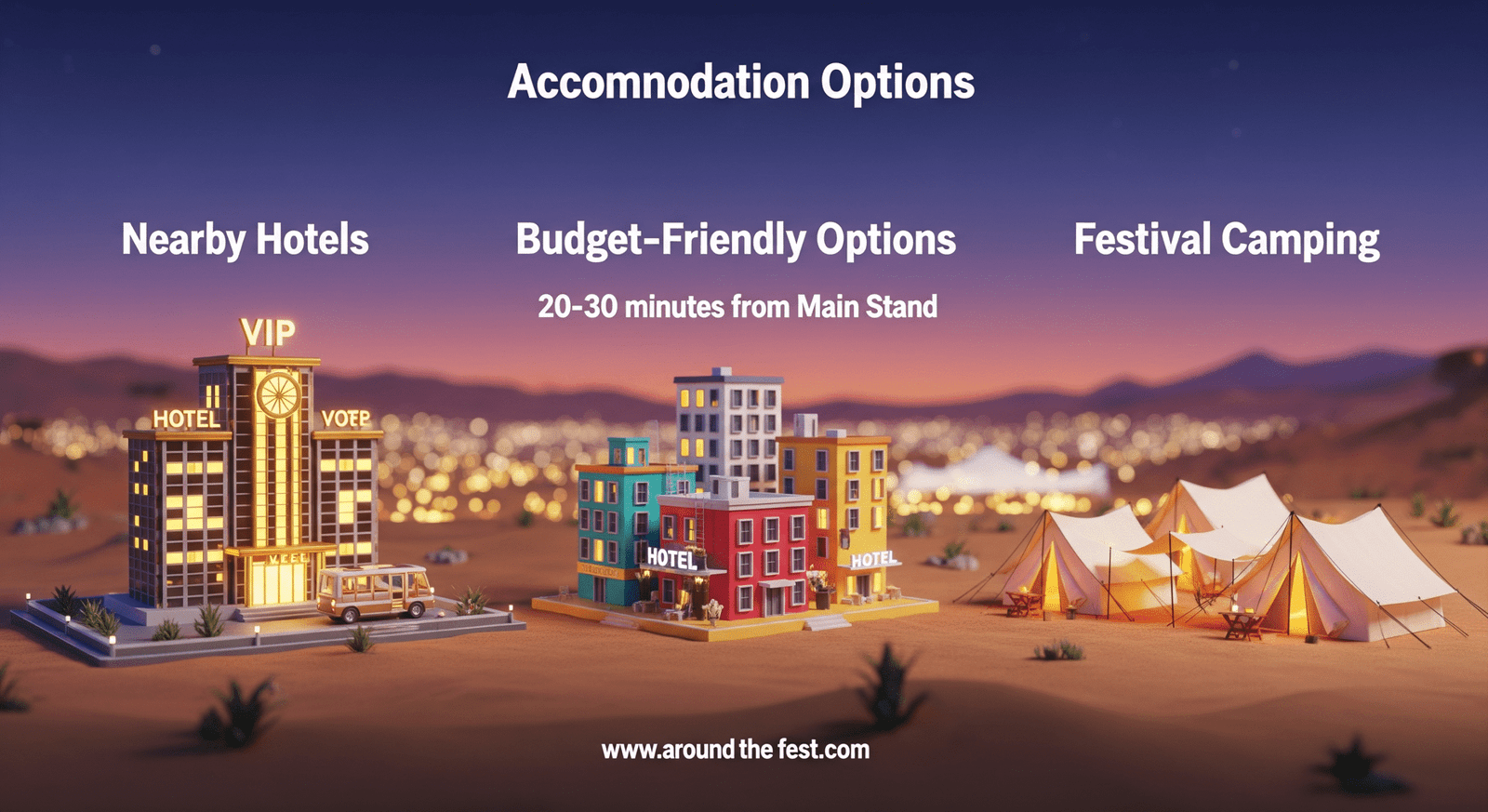 Accommodation Options -0 luxury hotels, budget-friendly stays, and festival camping with shuttle connections."