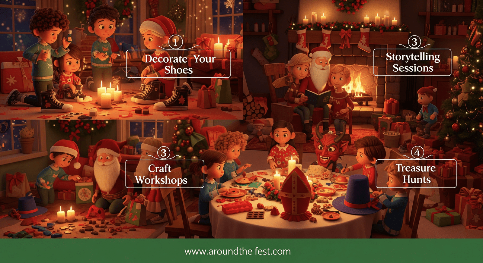 “Split-scene St. Nicholas Day 2025 illustration showing four family activities: decorating shoes, storytelling, craft workshops, and treasure hunts, in a cozy festive home setting.”