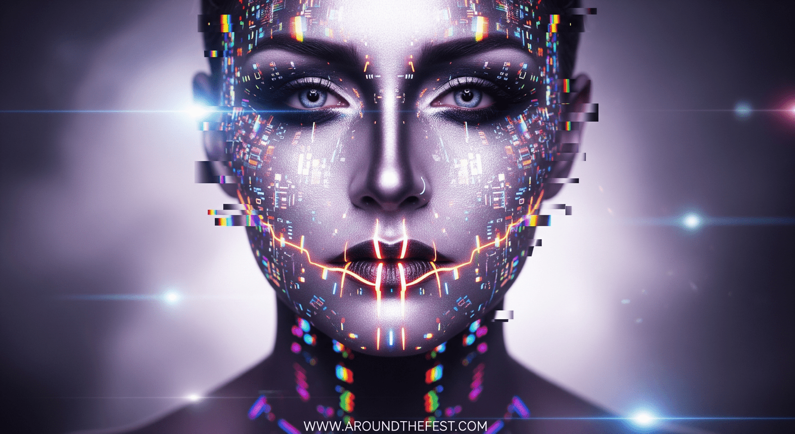 "AI-inspired with glitch patterns, neon highlights, and digital distortion effects."