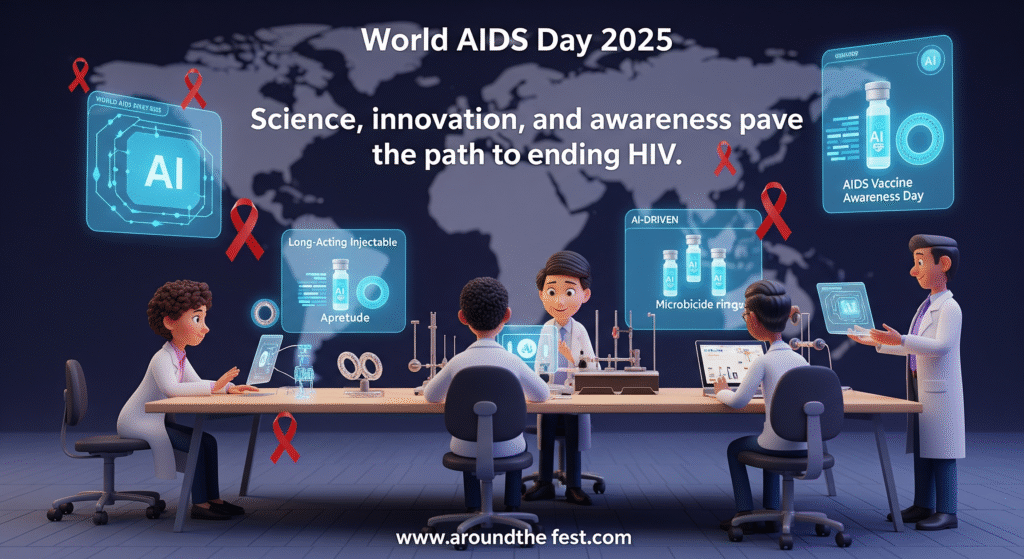 “Illustration of researchers, AI-driven HIV vaccine development, long-acting injectables, and microbicide prevention technologies, highlighting AIDS Vaccine Awareness Day with red ribbons and global outreach, quote: ‘Science, innovation, and awareness pave the path to ending HIV.’”