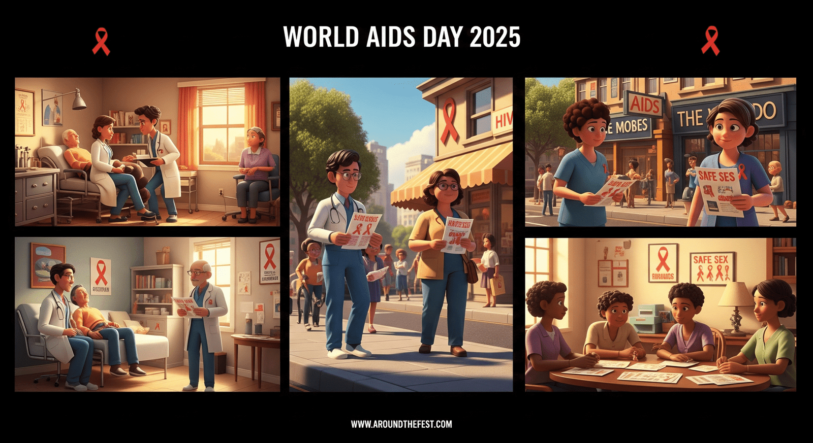 "Illustration of 1980s HIV/AIDS awareness with doctors, patients, activists, and educational efforts, including red ribbon symbols."