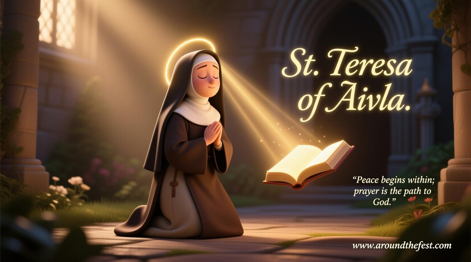 "St. Teresa of Ávila illustration showing prayer and interior life; Carmelite habit, glowing book, serene convent background, All Saints’ Day 2025 inspirational scene with quote 'Peace begins within; prayer is the path to God.'"