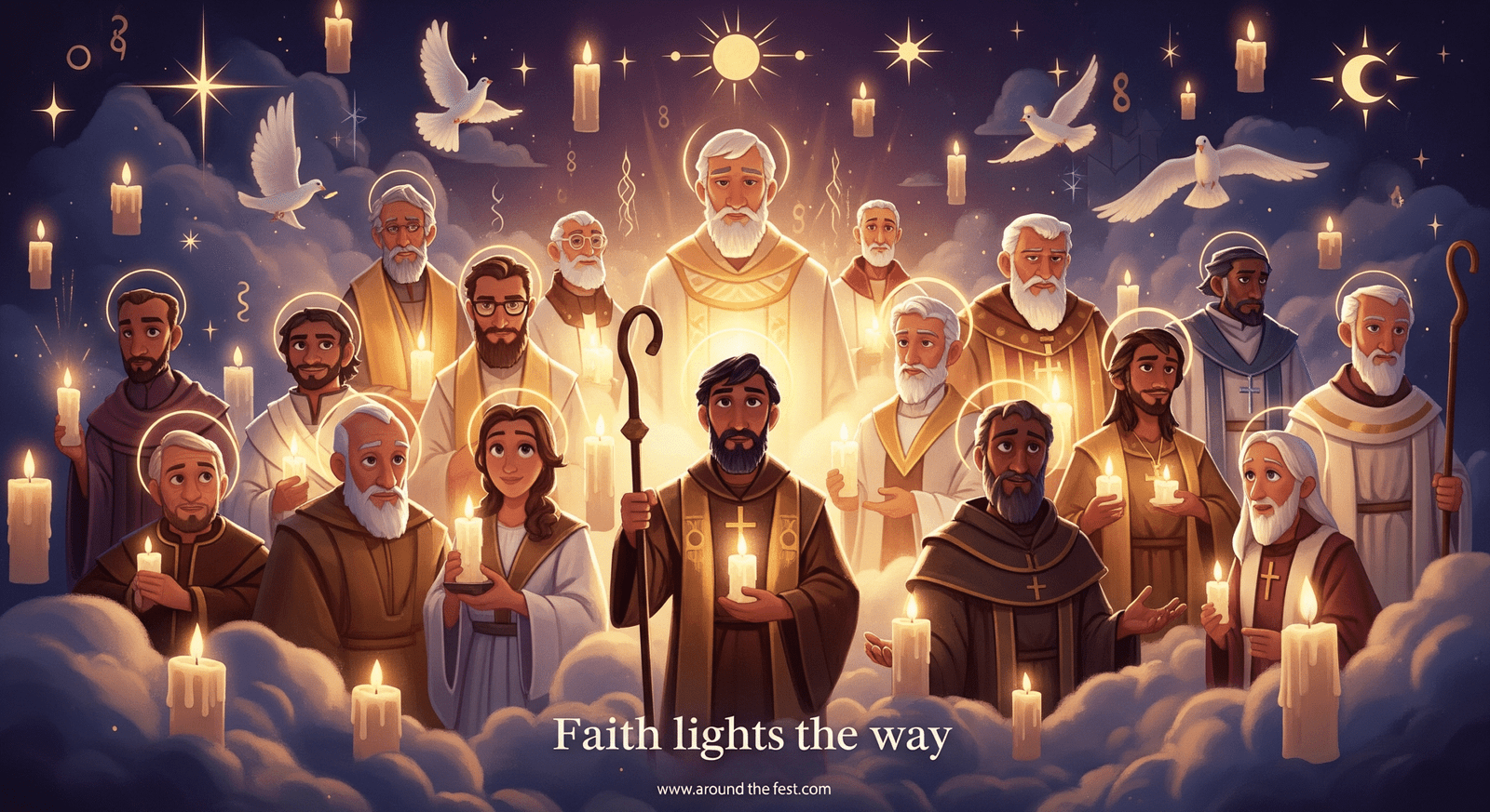 illustration of saints glowing with golden light, floating candles, doves, and spiritual symbols."