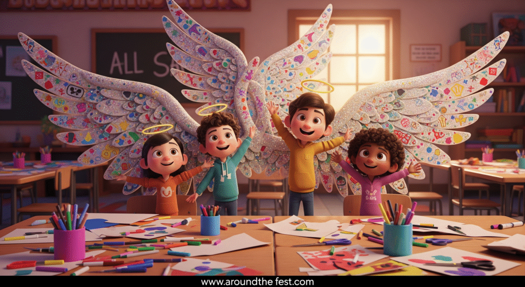 Children posing in front of handmade angel wings at an photo booth, decorated with glitter and markers, perfect for parish or school events.”