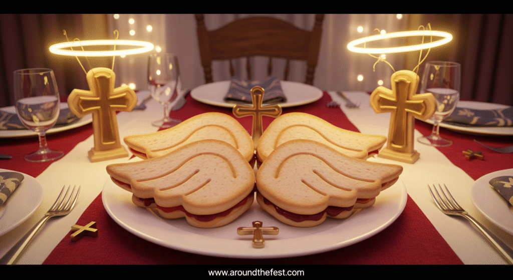 “Angel Wing Sandwiches shaped like wings, paired on a plate for All Saints’ Day 2025, symbolizing angelic protection.”