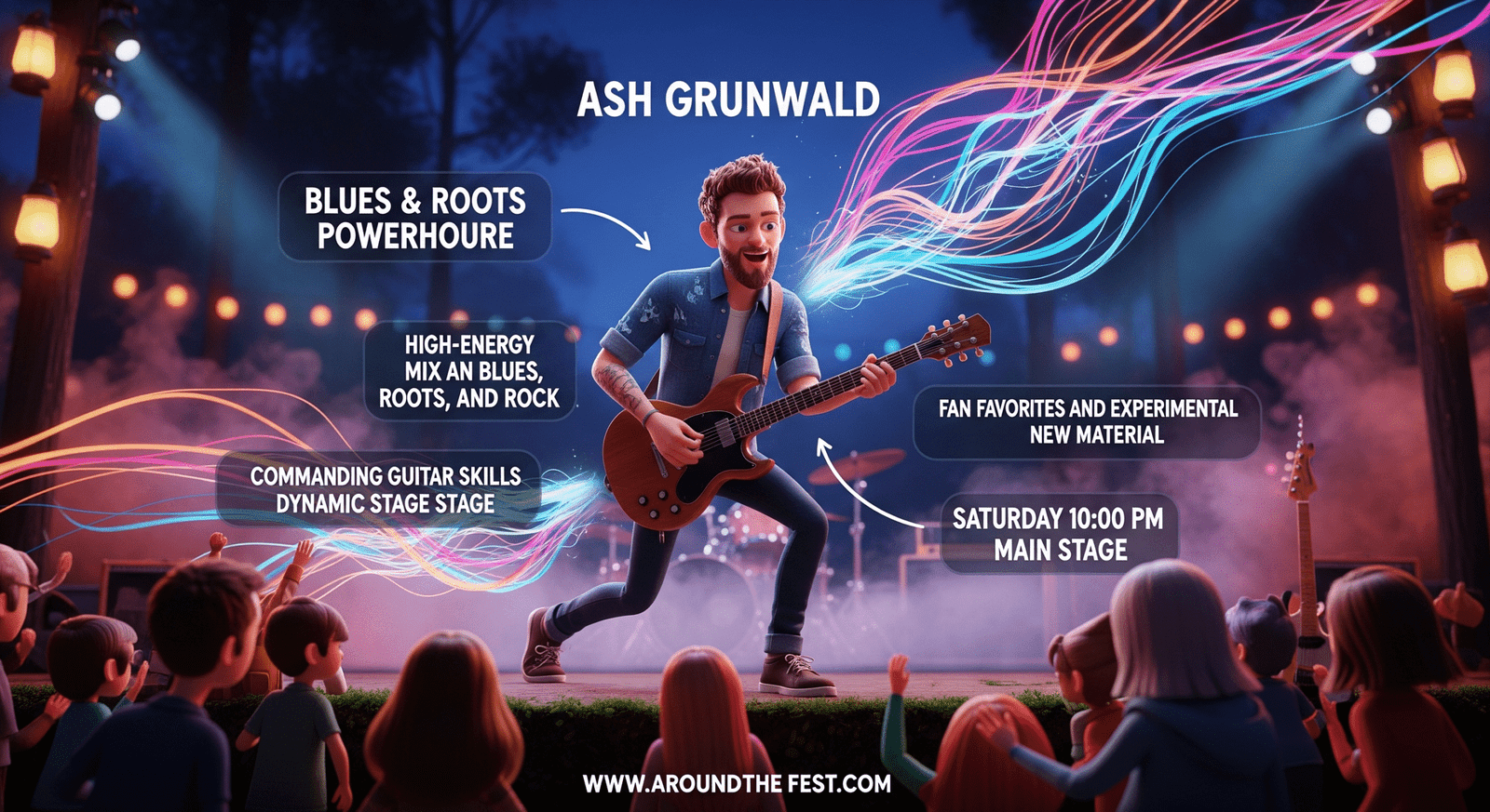 Ash Grunwald performing blues and roots on the 2025 Woodford Folk Festival Main Stage, Saturday 10:00 PM, with dynamic guitar, high-energy stage presence, and colorful lights.