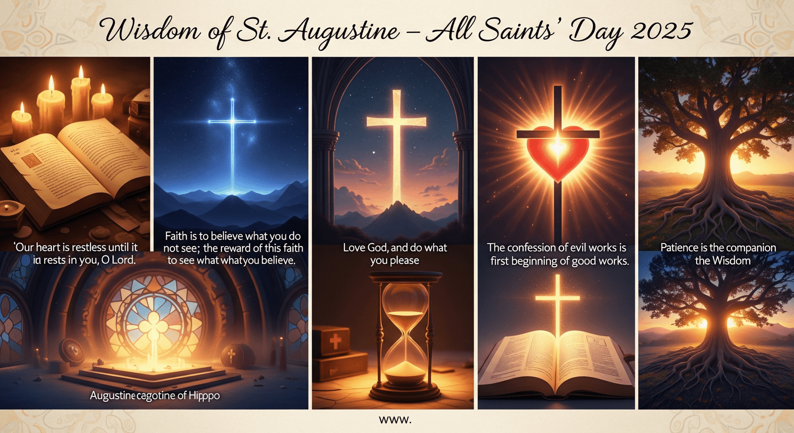 "St. Augustine of Hippo quotes collection for All Saints’ Day 2025 with glowing candle, cross under starry sky, radiant heart, hourglass with Bible, and oak tree at sunrise — symbolizing faith, love, forgiveness, patience, and wisdom."