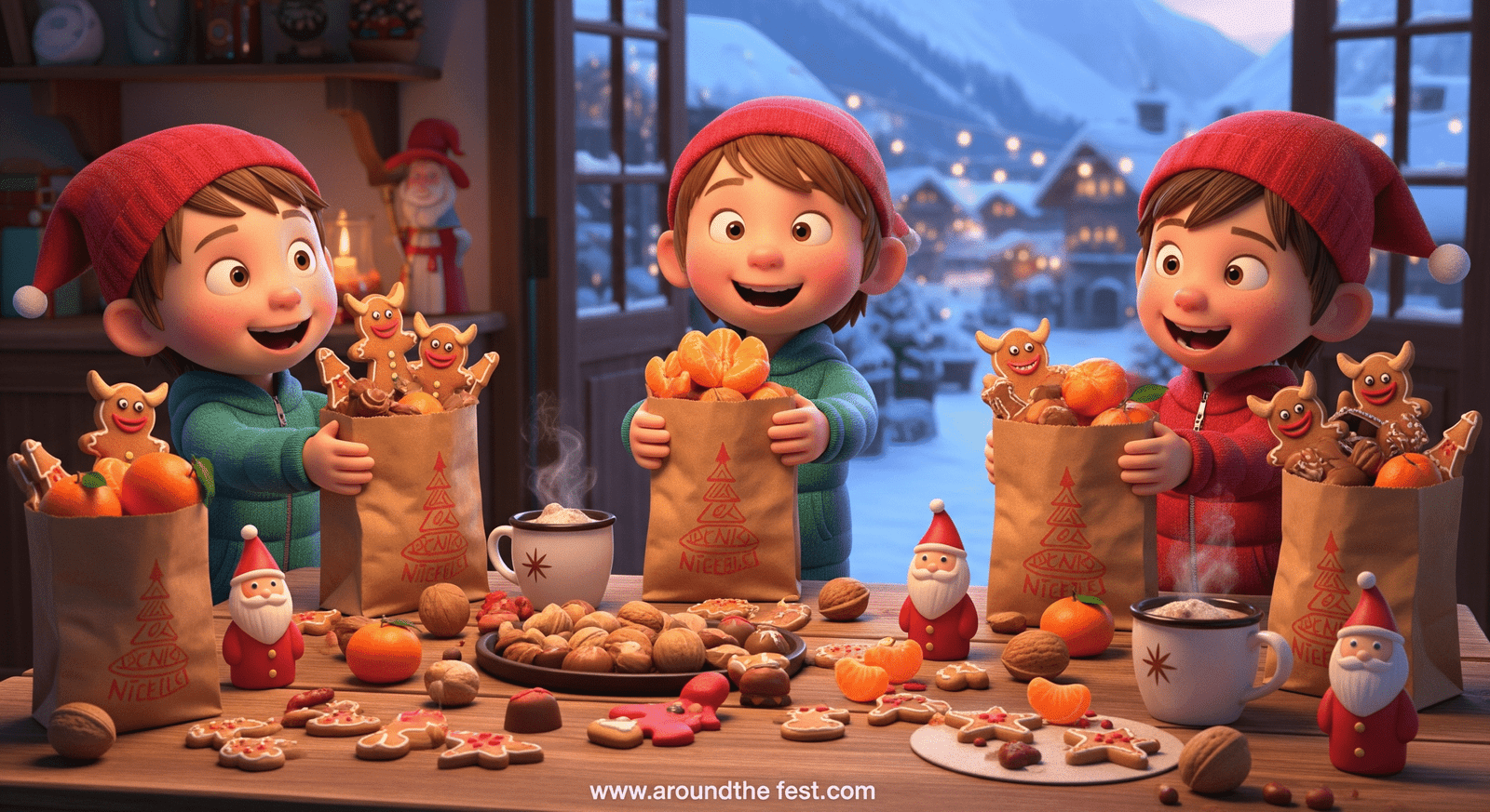 Austrian St. Nicholas Day treats: nuts, mandarins, chocolates, Krampus cookies, and Marzipan figurines with hot cocoa and festive crafts in a snowy Alpine setting.”