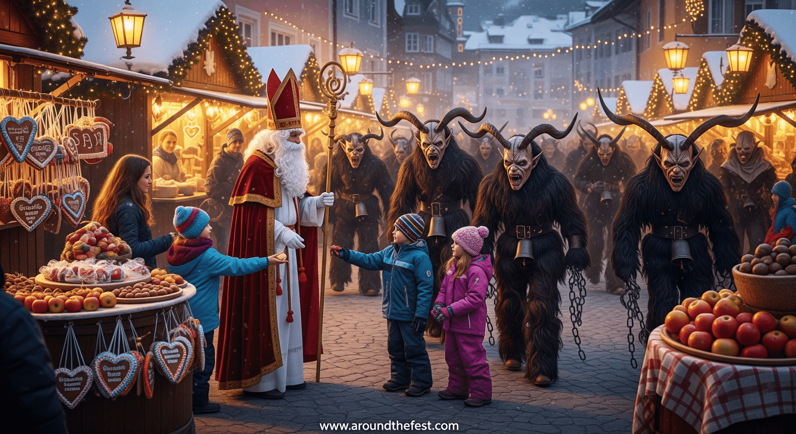 Austria-with children receiving sweets from Nikolaus and Krampus runs in snowy Alpine streets.”