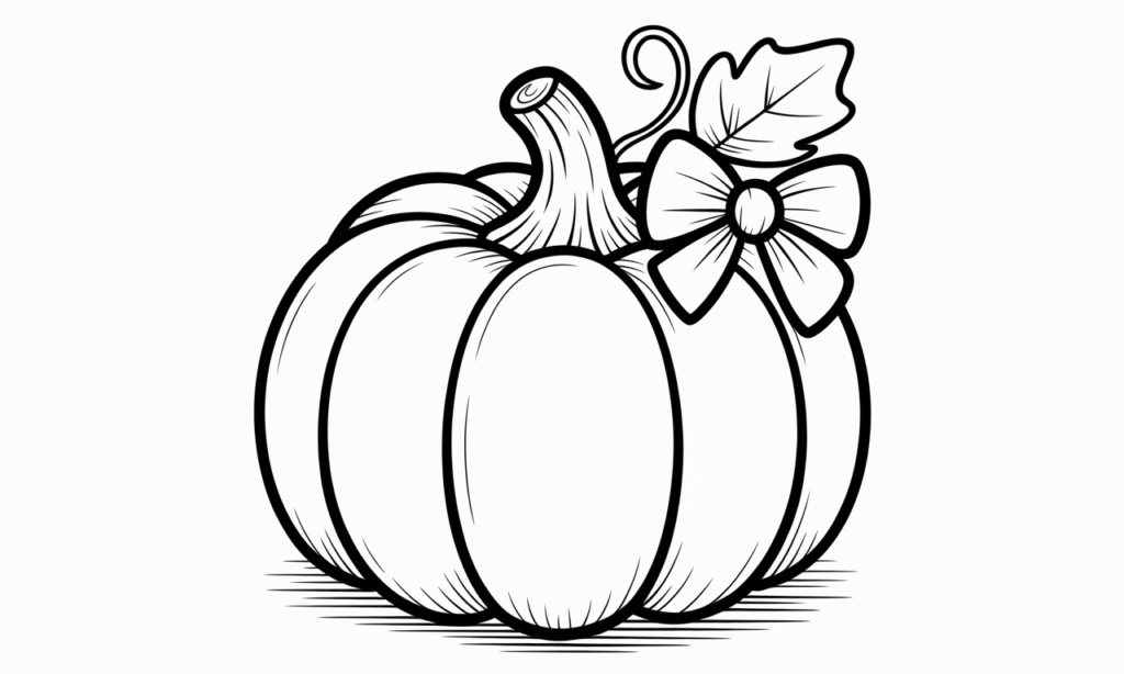 “Kawaii baby pumpkin drawing with a bow on the stem, big shiny eyes, round pastel orange shape, and cute cartoon doodle style.”