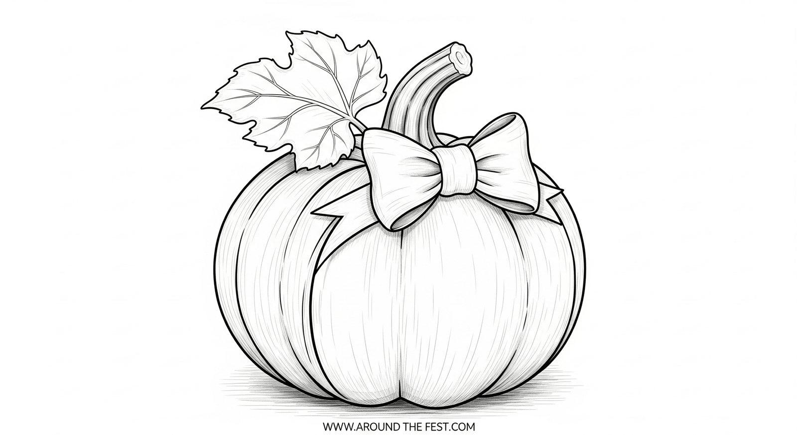 “Black and white pumpkin sketch outline drawing with stem and leaves, simple doodle style, perfect for coloring pages.”
