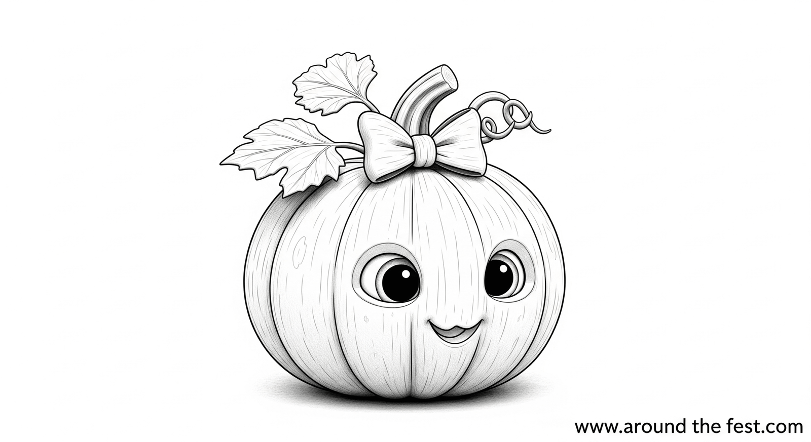 “Black and white pumpkin sketch outline drawing with stem and leaves, simple doodle style, perfect for coloring pages.”