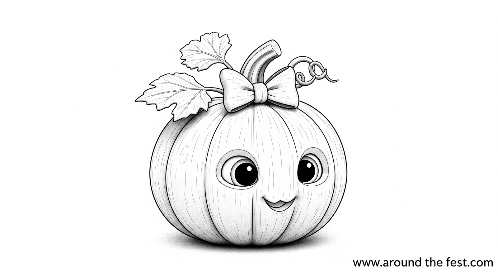 “Black and white pumpkin sketch outline drawing with stem and leaves, simple doodle style, perfect for coloring pages.”