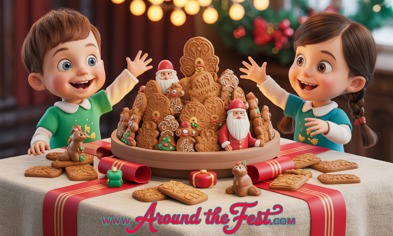 “Belgian St. Nicholas Day treats: speculoos cookies shaped like St. Nicholas and marzipan figurines of animals and the saint, displayed on a festive table.”