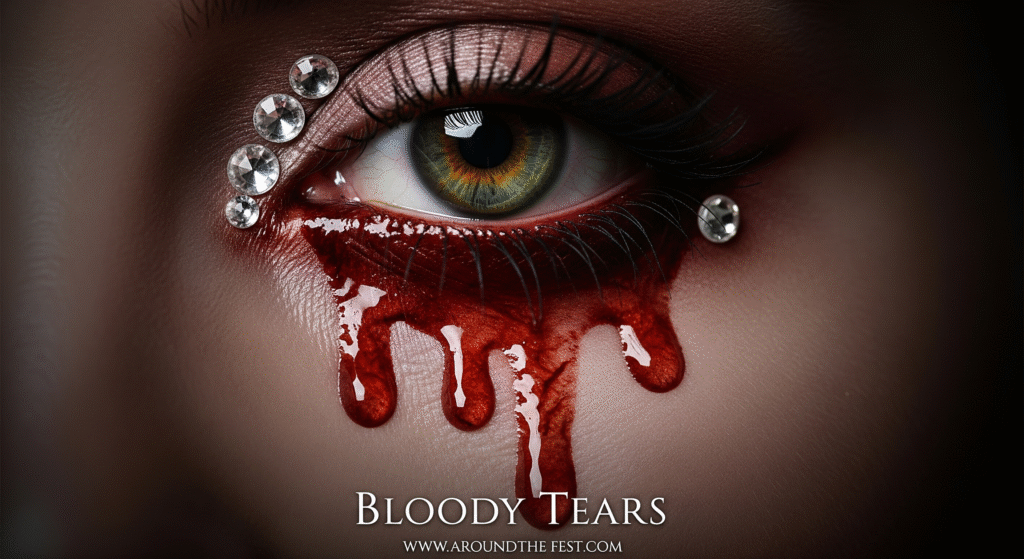 “Realistic with dripping bloody tears under the eyes, glossy red effect with optional crystal accents.”