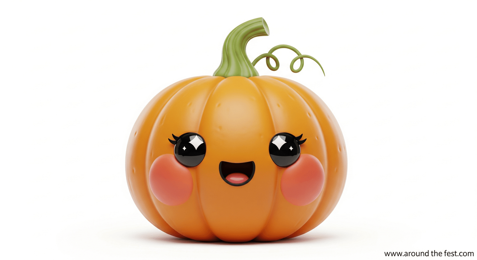 Cute cartoon pumpkin with orange color, rosy cheeks, big kawaii eyes, and happy smile.