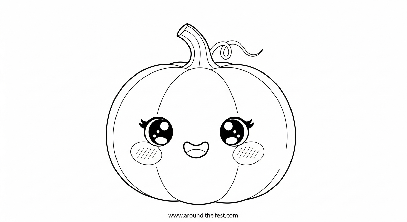 Black and white outline sketch of a cute blushing pumpkin with smiling face for kids to color.