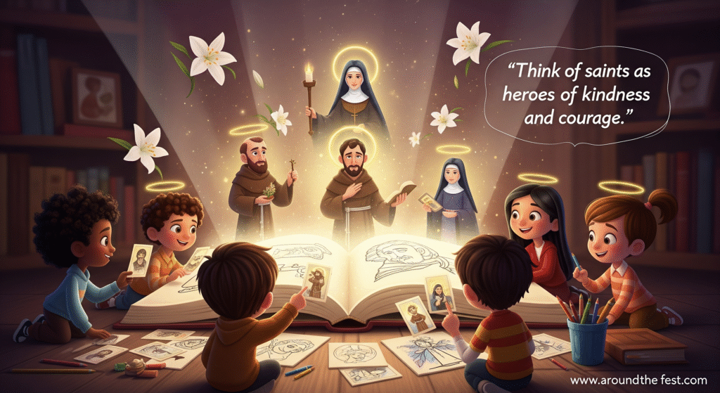 Children gathered around a glowing storybook with haloed saints, drawing and crafting, illustrating All Saints’ Day as heroes of kindness and courage.”