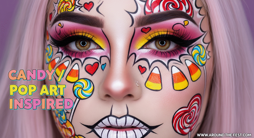"Realistic Candy / Pop Art Halloween makeup with bold candy-themed designs, comic-book outlines, and the name displayed on the image."